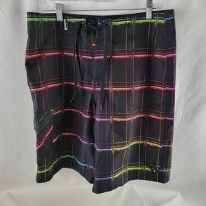 Hurley Shorts Mens 32 Black Multicolor Board Swim Trunks Check Drawstring Surf